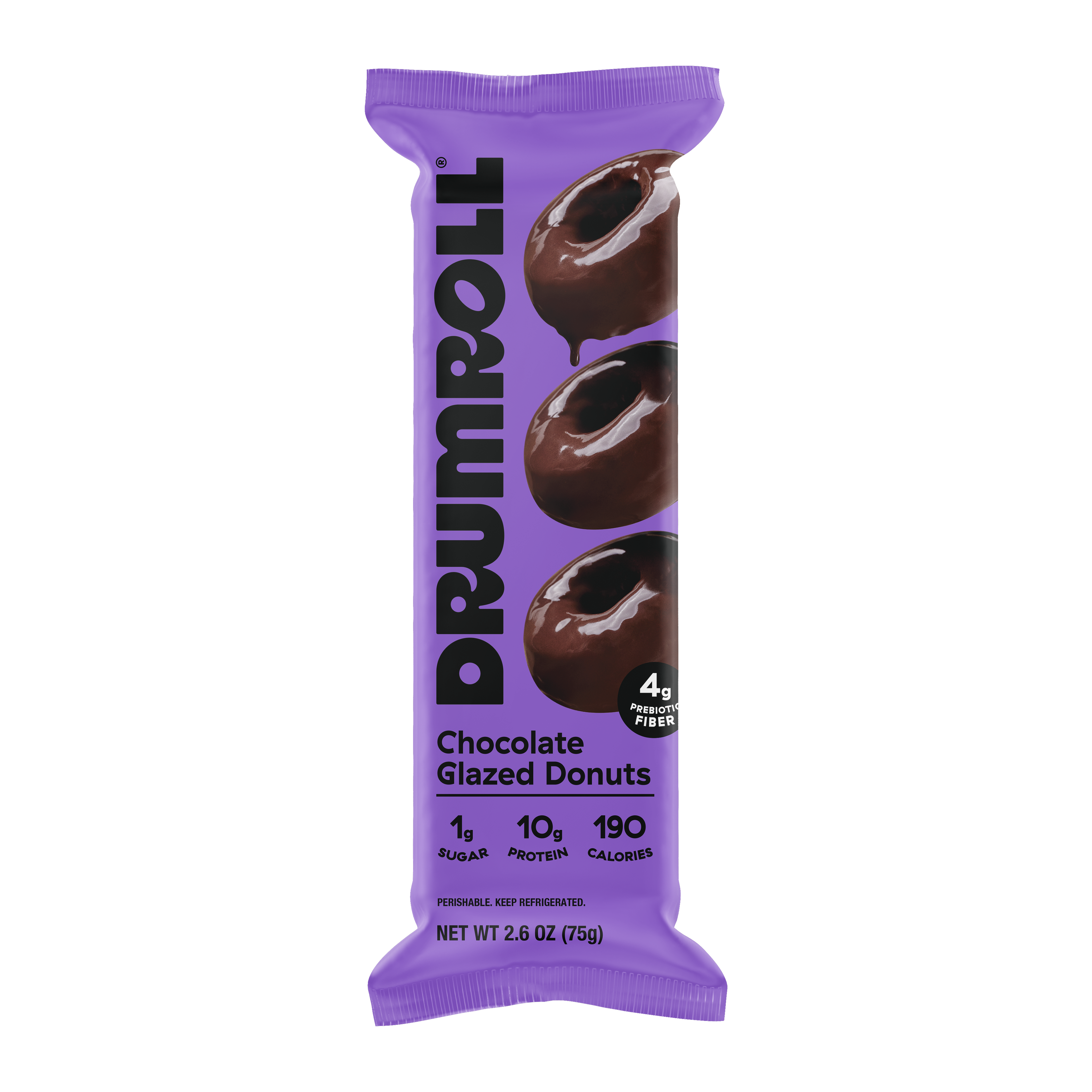 Drumroll plant-based chocolate glazed donuts pack, front
