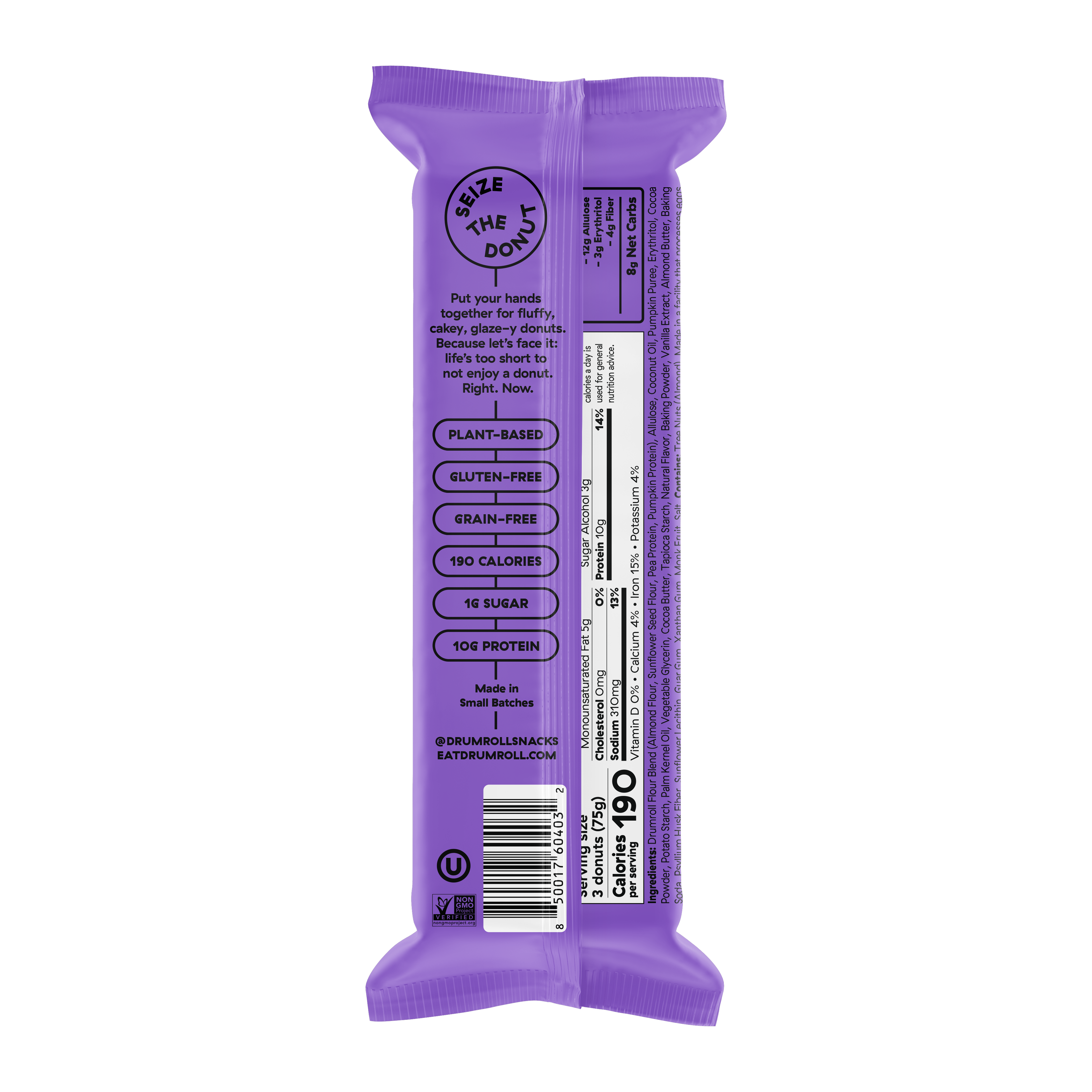 Drumroll plant-based chocolate glazed donuts pack, back