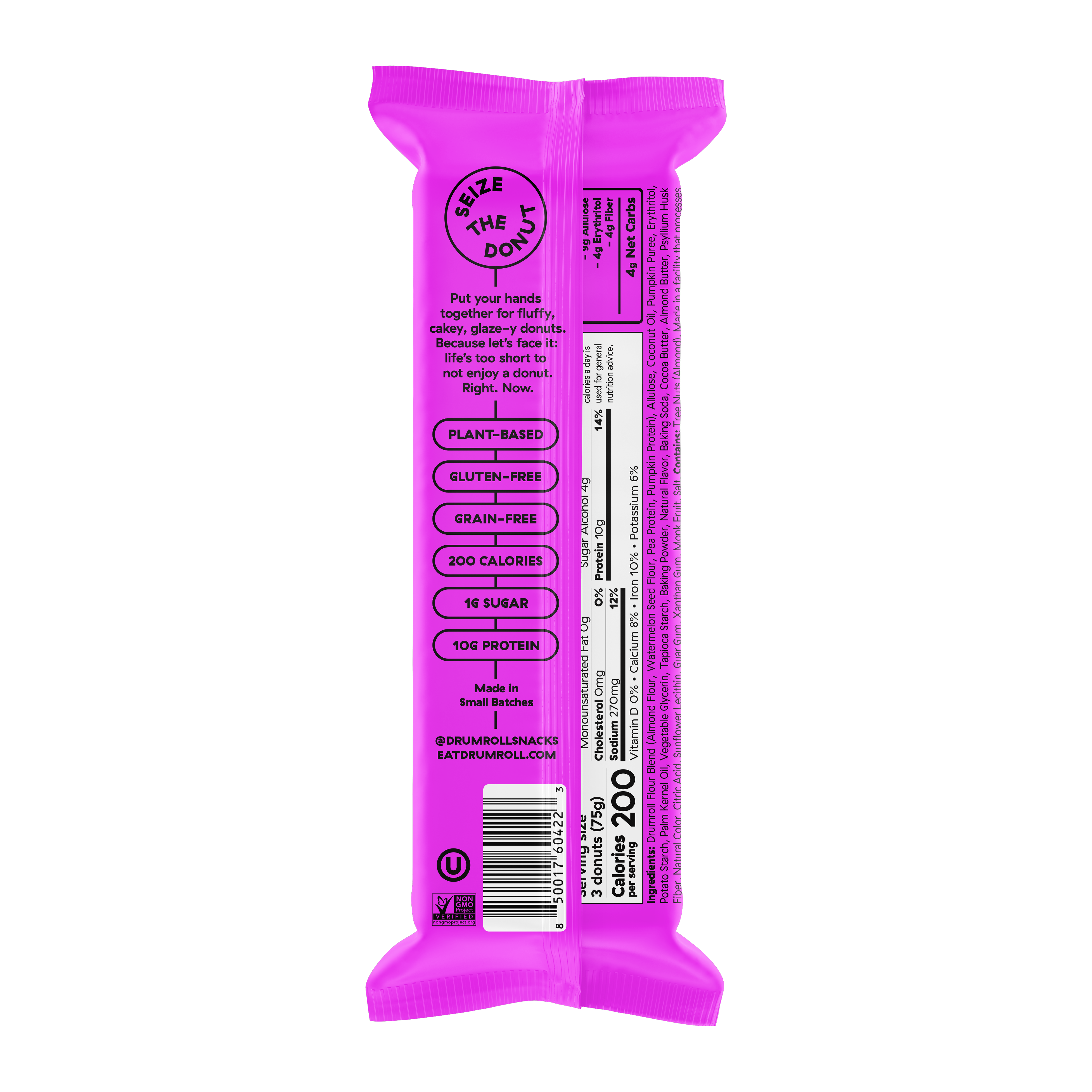 Drumroll plant-based strawberry glazed donuts pack, back