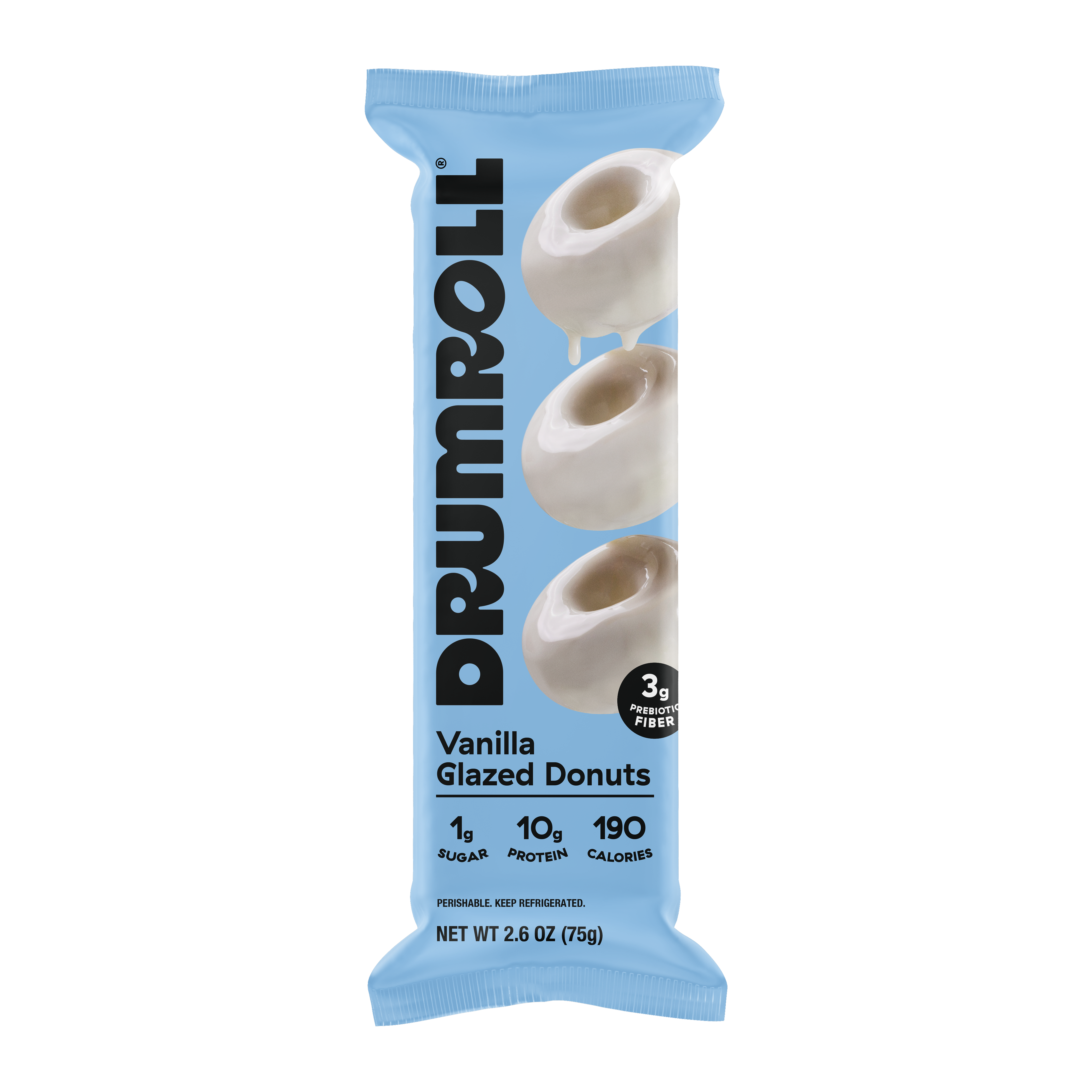 Drumroll plant-based vanilla glazed donuts pack, front
