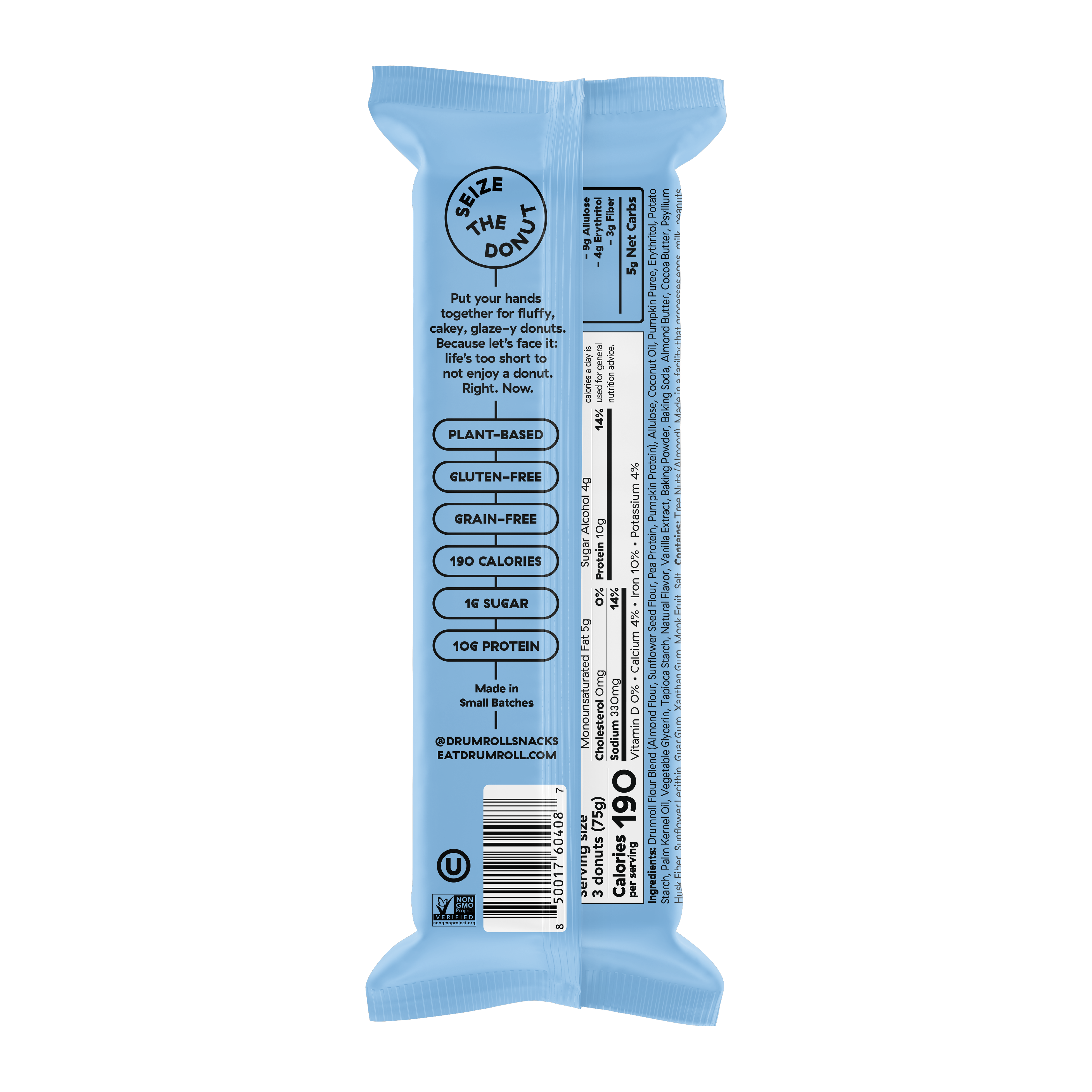 Drumroll plant-based vanilla glazed donuts pack, back