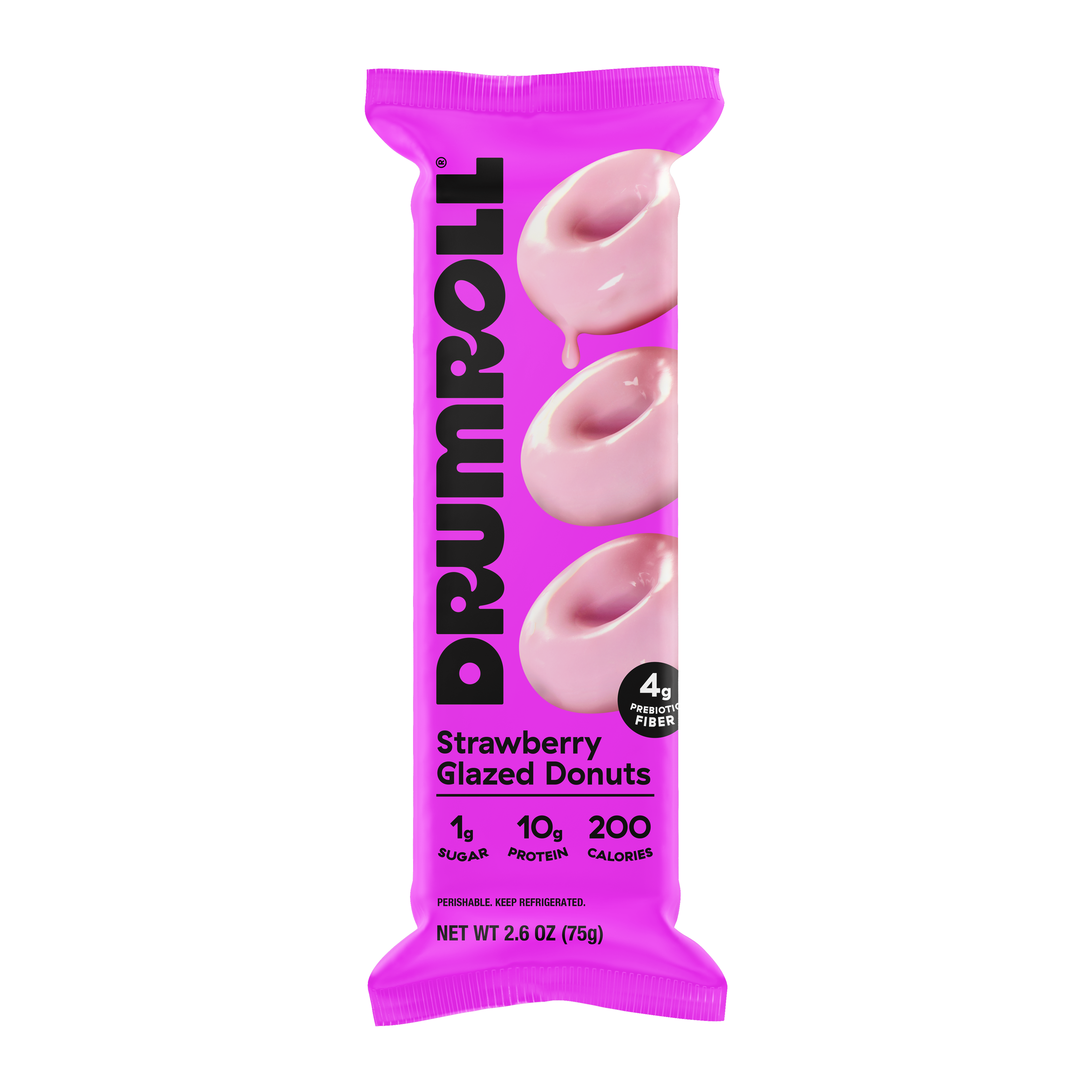 Drumroll plant-based strawberry glazed donuts pack, front